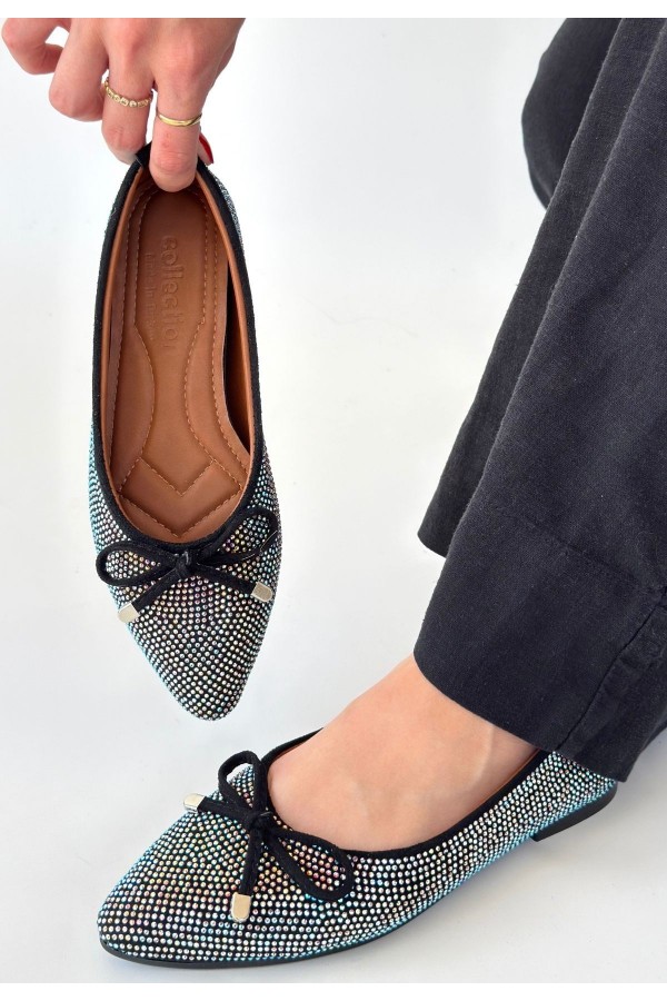 Sarra Black Satin Embroidered Ballet Flats