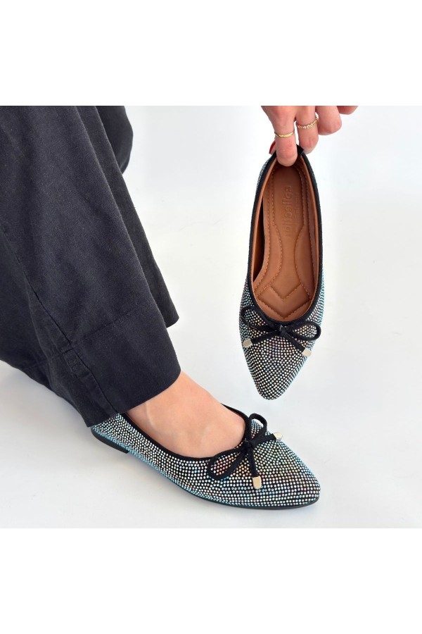 Sarra Black Satin Embroidered Ballet Flats