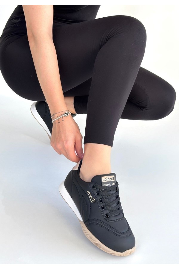 Tawen Black Leather Lace-up Sneakers with Beige Sole