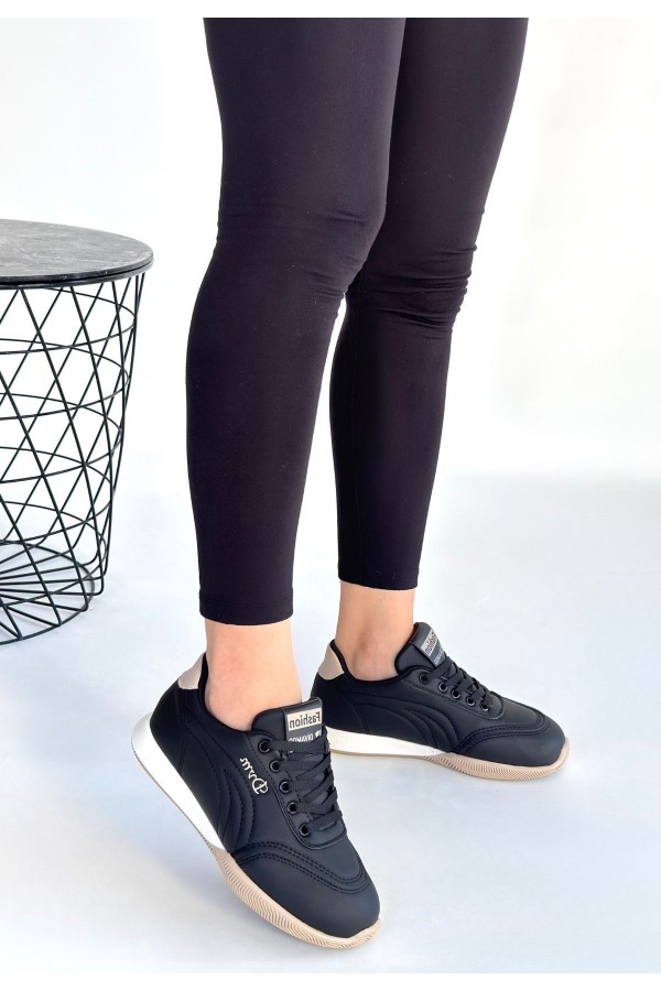 Tawen Black Leather Lace-up Sneakers with Beige Sole
