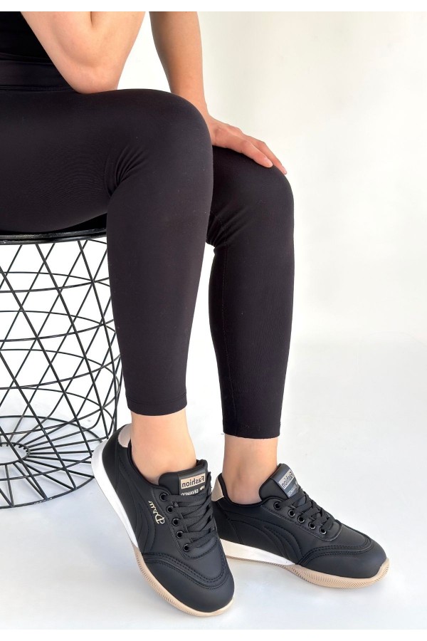 Tawen Black Leather Lace-up Sneakers with Beige Sole