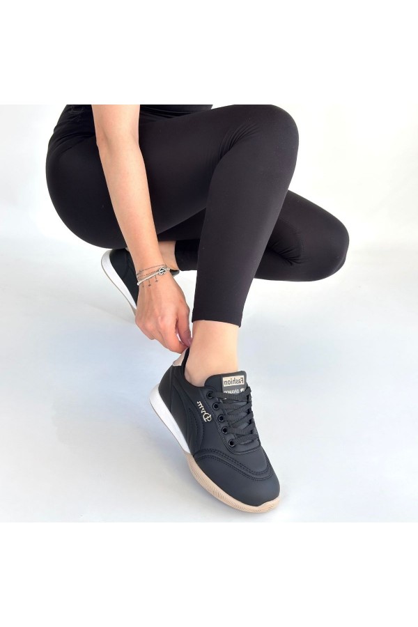 Tawen Black Leather Lace-up Sneakers with Beige Sole