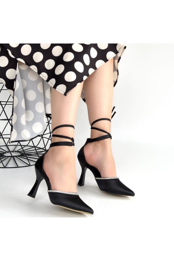 Tenja Black Satin Ankle Strap High Heel Shoes