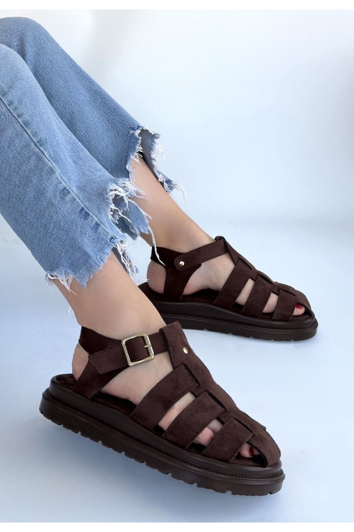 Tenra Brown Suede Belted Sandals
