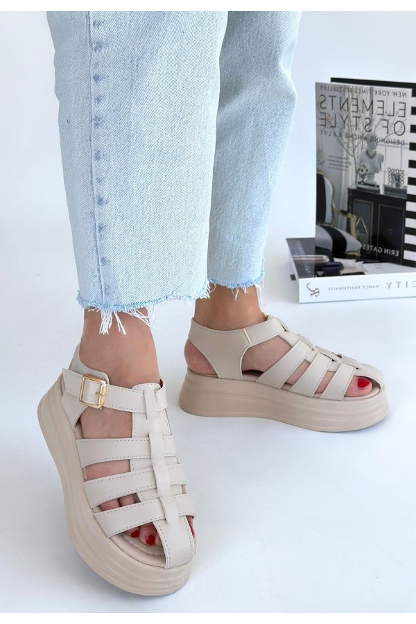 Toten Beige Leather Belted Sandals