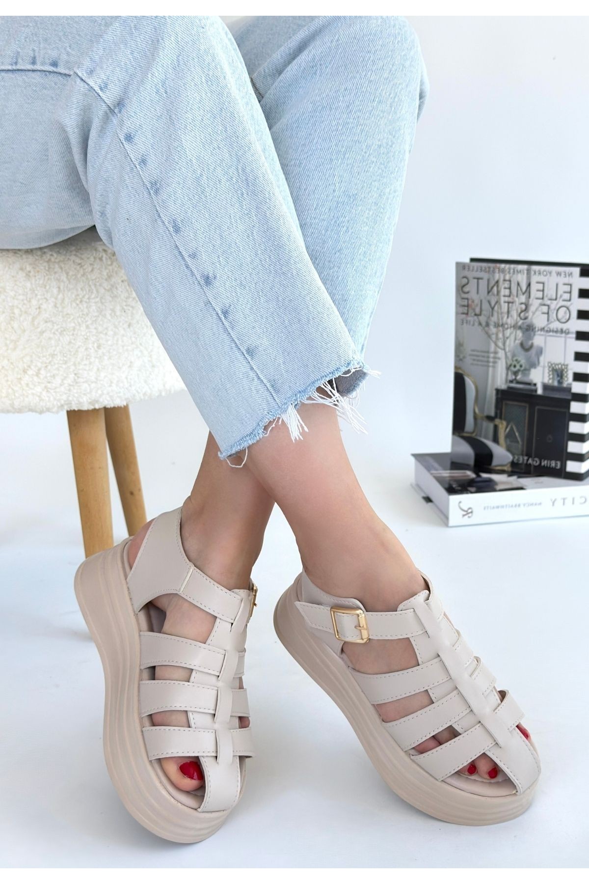Toten Beige Leather Belted Sandals