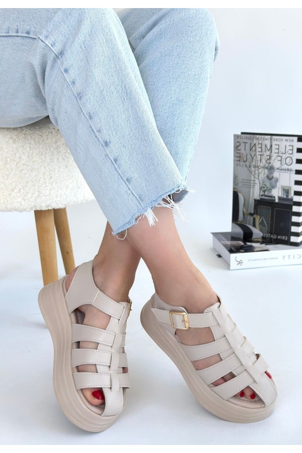 Toten Beige Leather Belted Sandals