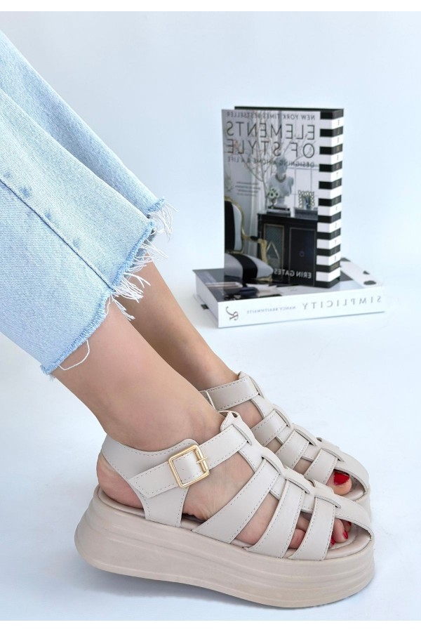 Toten Beige Leather Belted Sandals