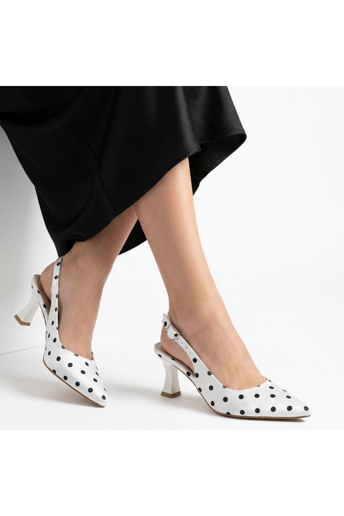 Urjay White Satin High Heels with Black Details