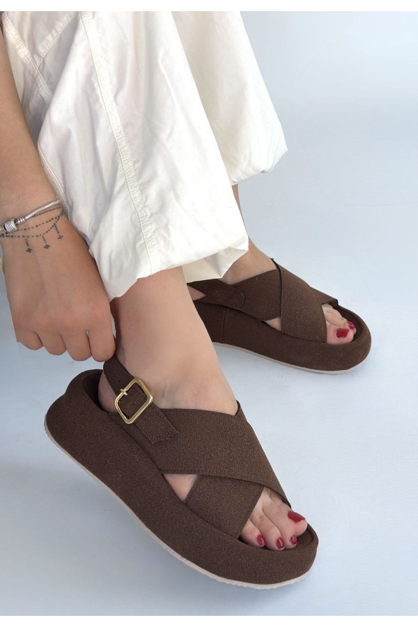 Usra Brown Leather Powder Buckle Sandals