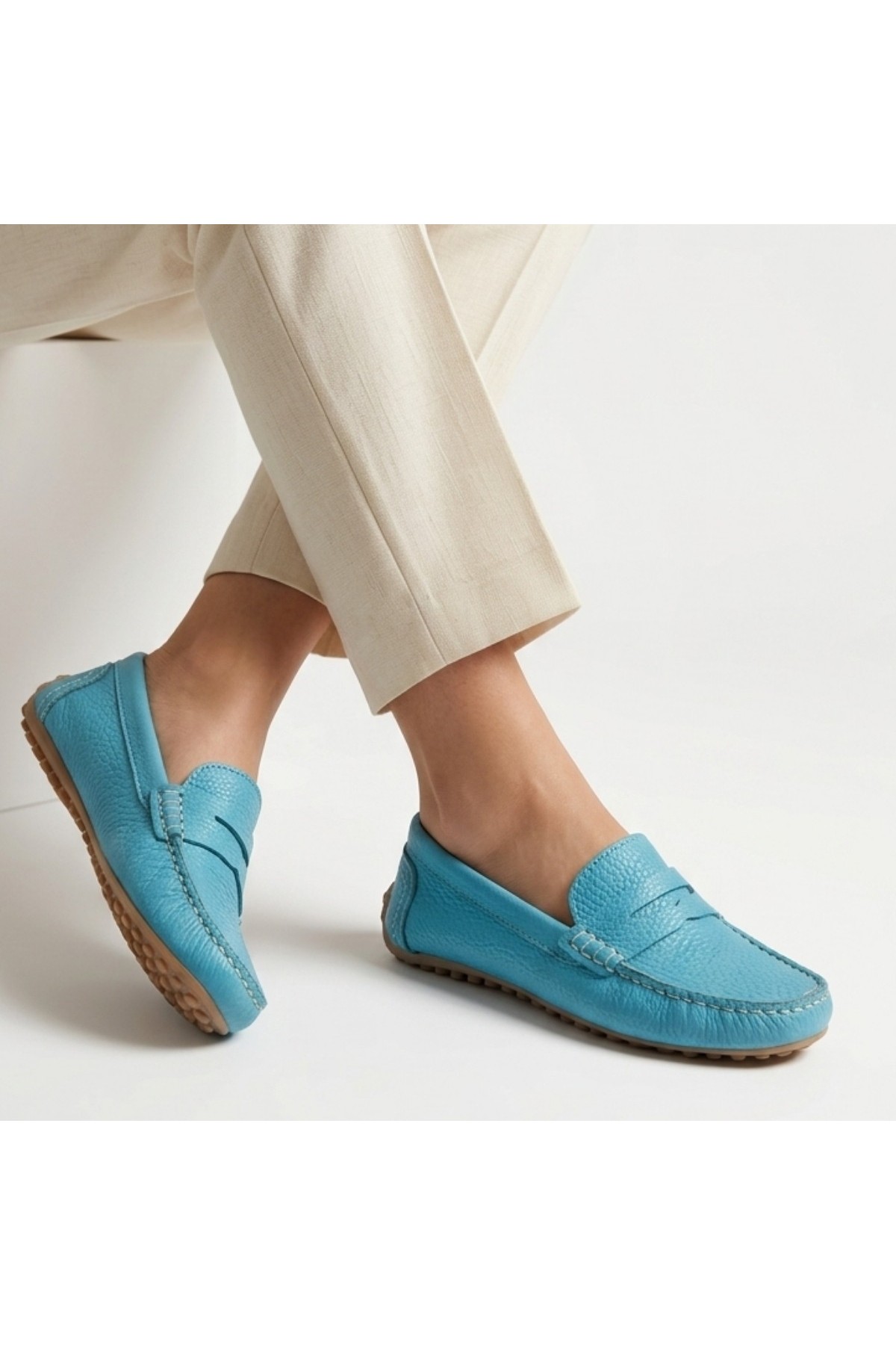 Varli Blue Genuine Leather Ballet Flats detay görseli