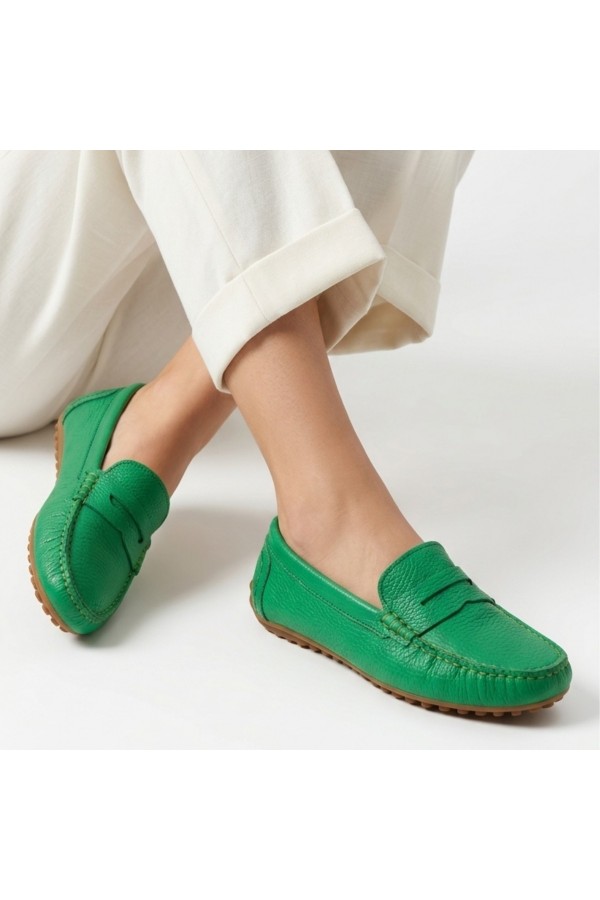 Varli Green Genuine Leather Ballet Flats