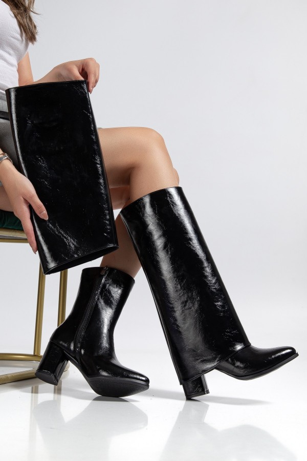 Wila Black Glossy Heeled Detachable Boots