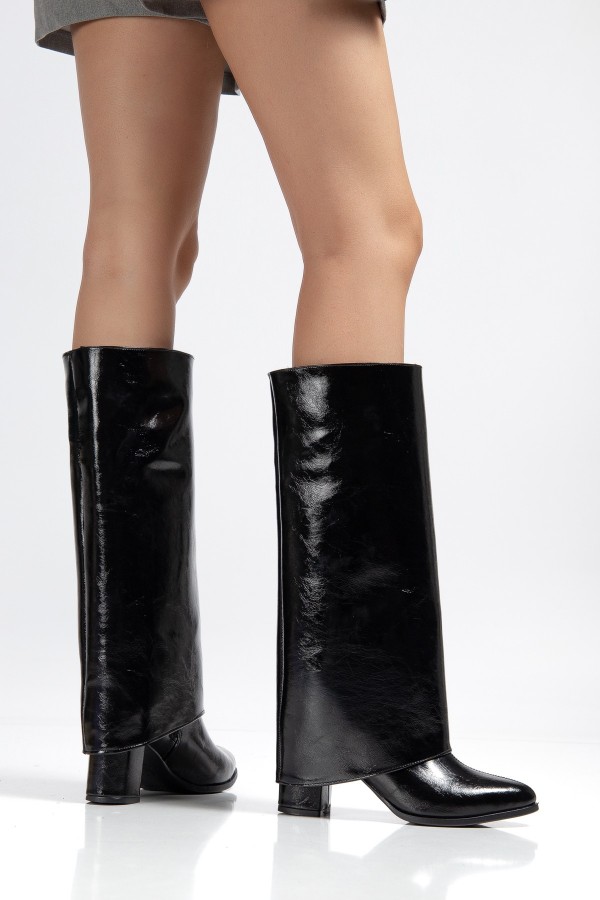 Wila Black Glossy Heeled Detachable Boots