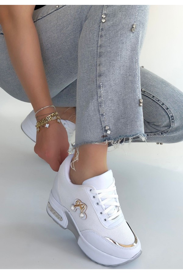 Woody White Leather Glitter Lace-up Sneakers