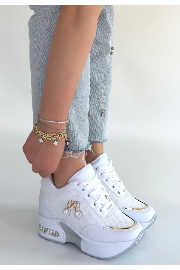 Woody White Leather Glitter Lace-up Sneakers