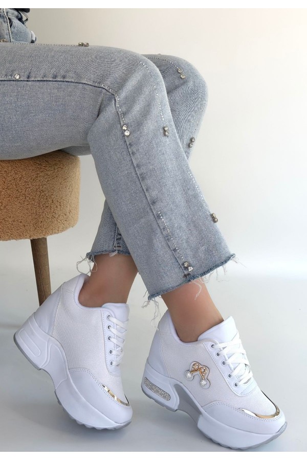 Woody White Leather Glitter Lace-up Sneakers