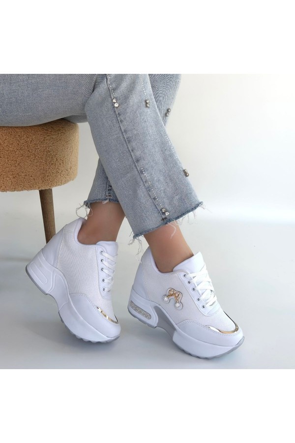 Woody White Leather Glitter Lace-up Sneakers