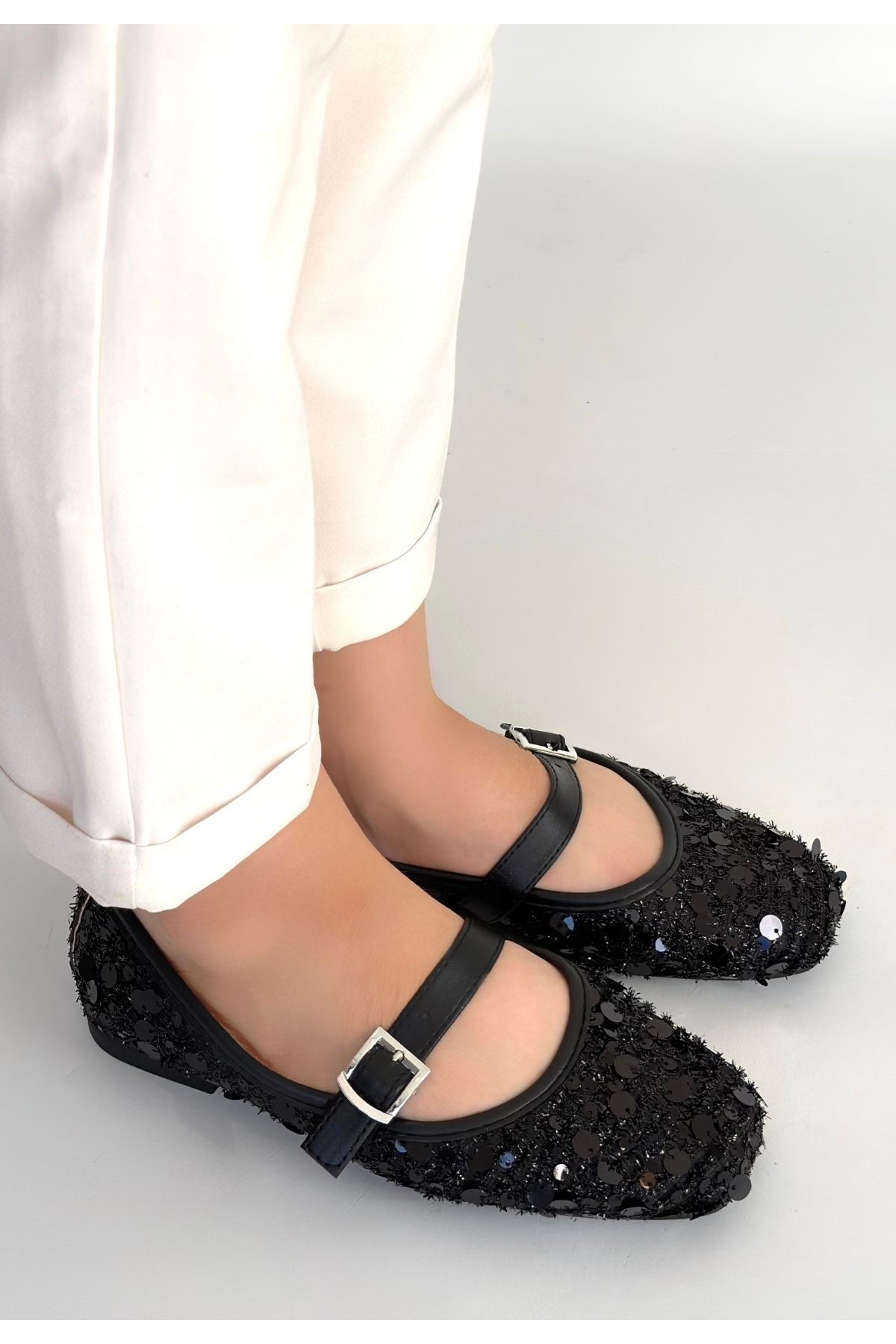 Zaty Black Suede Black Sequin Ballet Flats