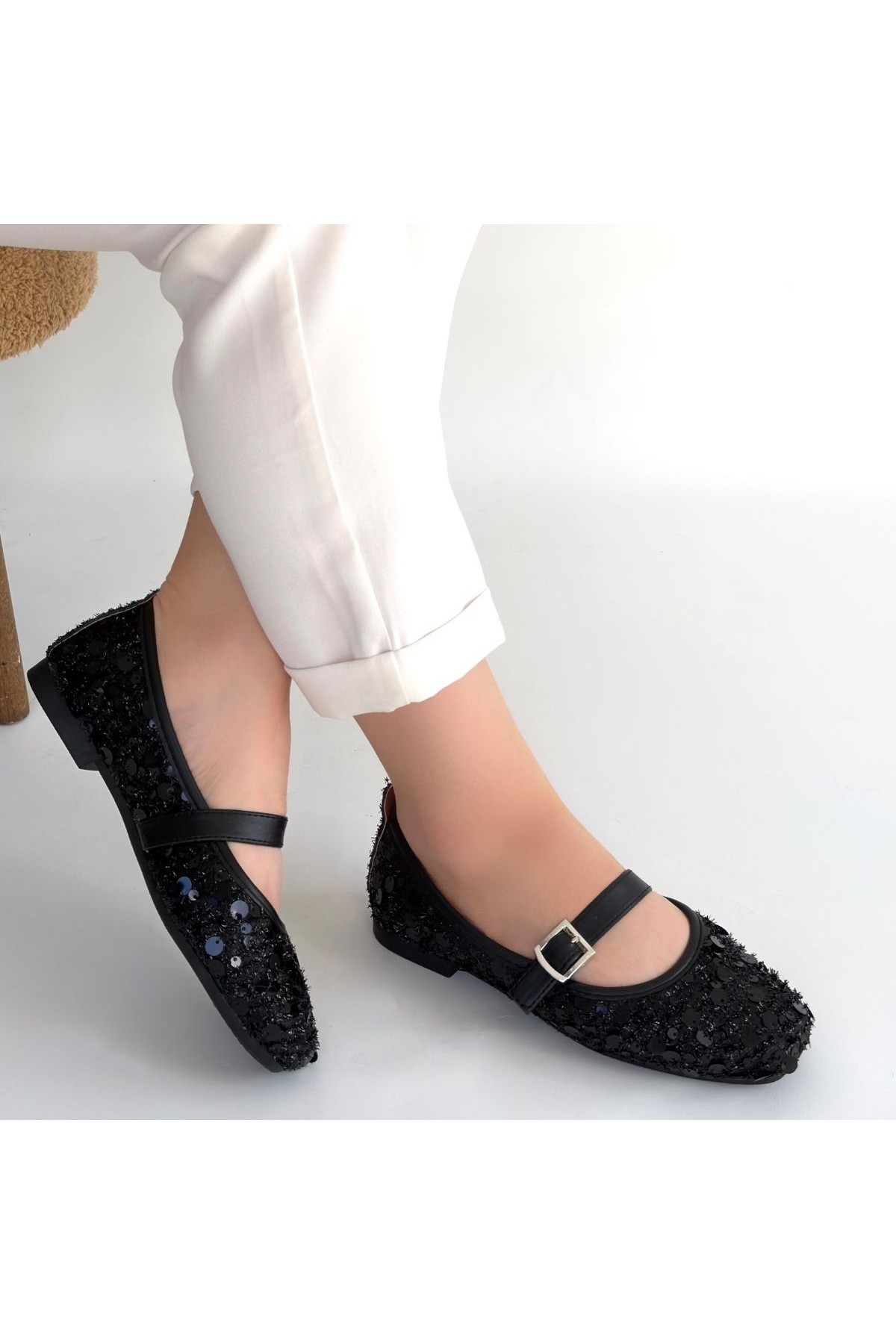 Zaty Black Suede Black Sequin Ballet Flats detay görseli
