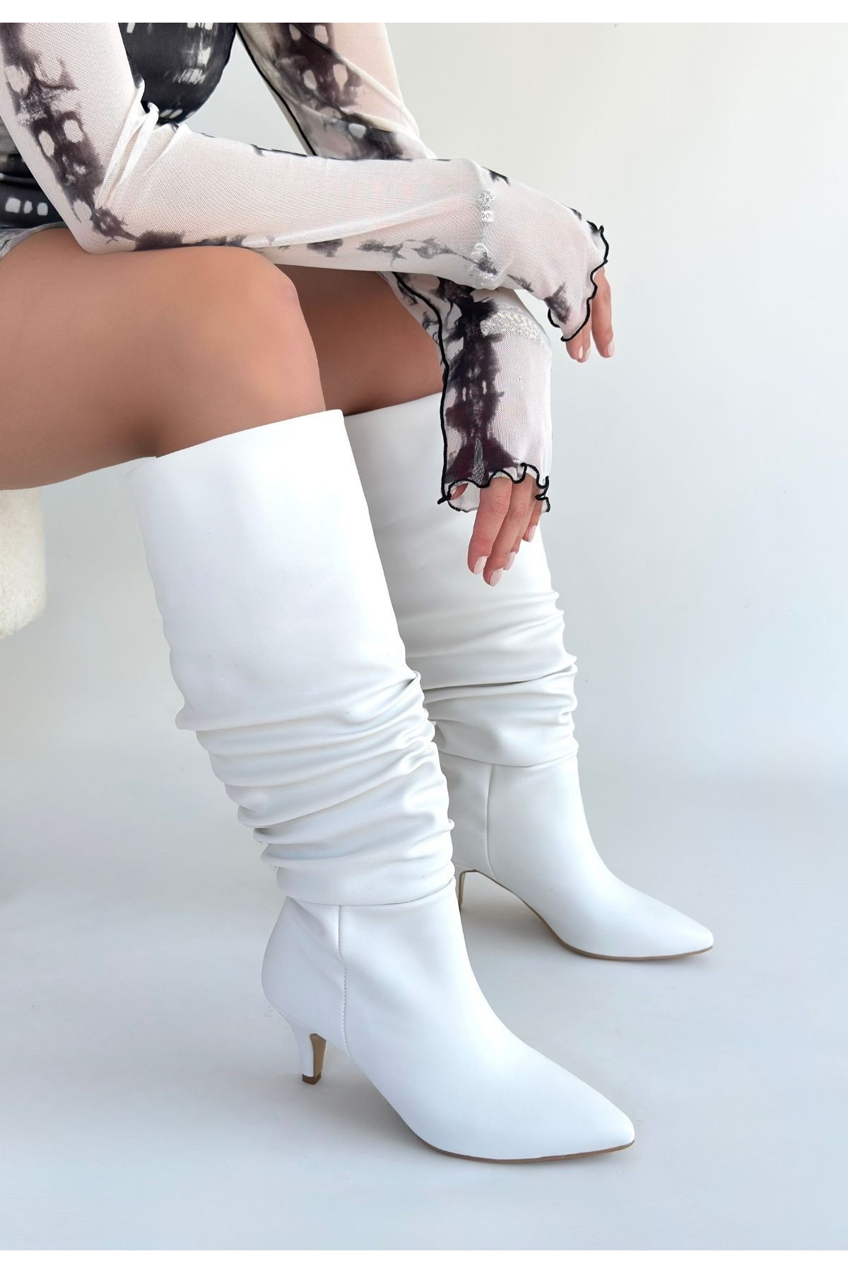 Zelya White Leather Heeled Boots