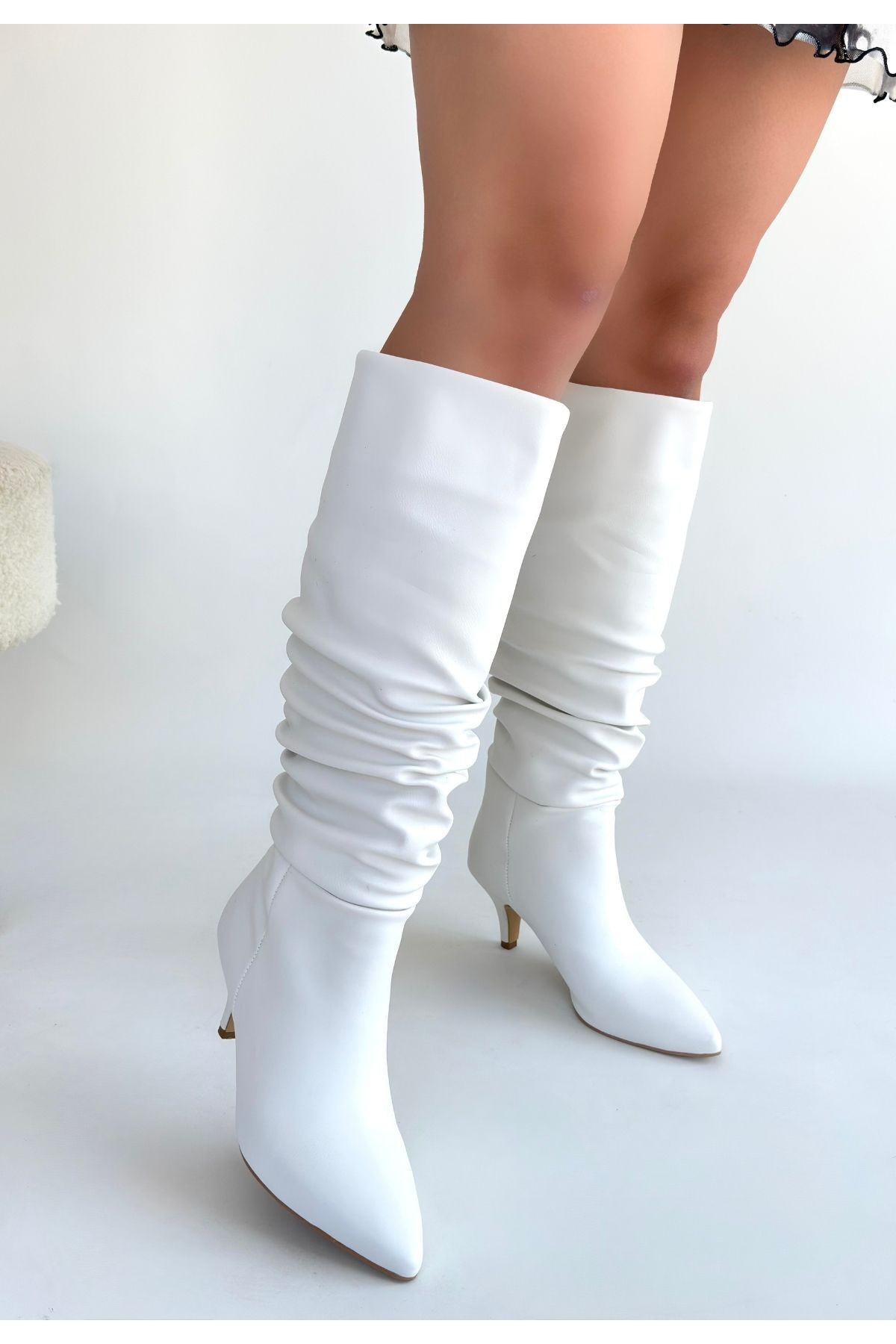 Zelya White Leather Heeled Boots