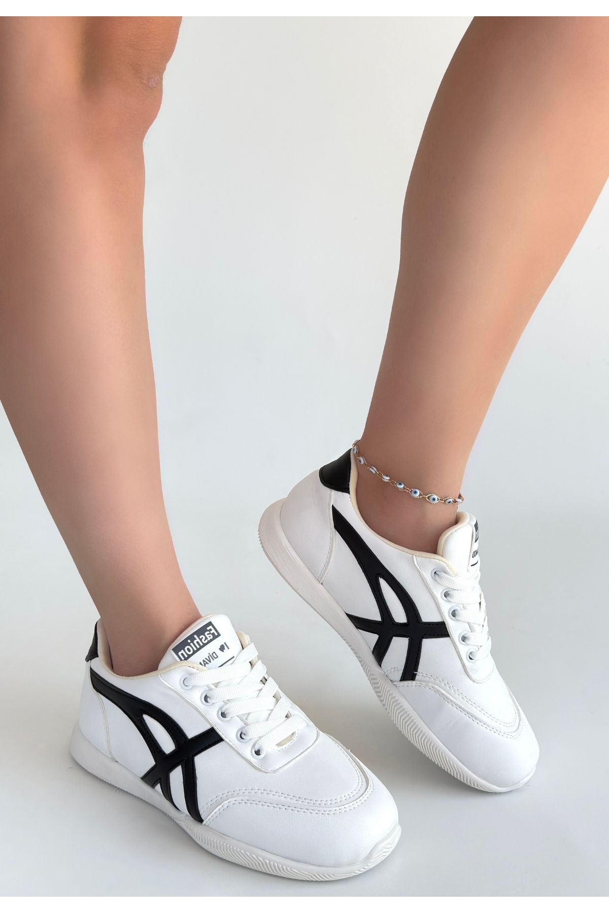 Zlay White Leather Lace-up Sneakers with Black Details