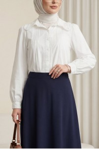 Önü Fistolu Plise Detaylı Poplin Gömlek Bluz -Beyaz