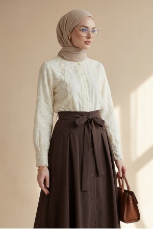 Brode İşlemeli Vintage Gömlek Bluz -Bej