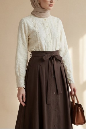 Brode İşlemeli Vintage Gömlek Bluz -Bej