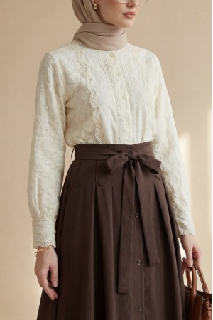 Brode İşlemeli Vintage Gömlek Bluz -Bej