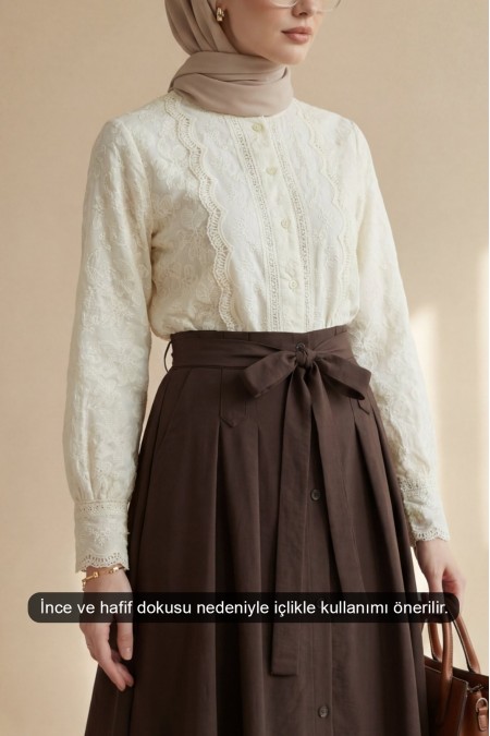 Brode İşlemeli Vintage Gömlek Bluz -Bej