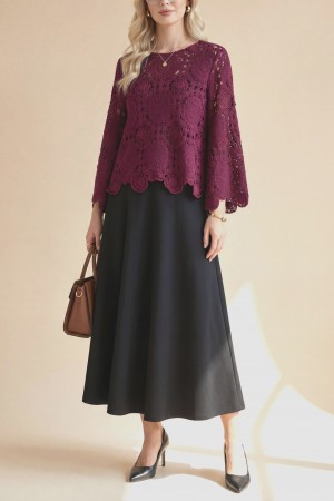 بلوزة محبوكة برقبة دائرية وأكمام إسبانية -بوردو