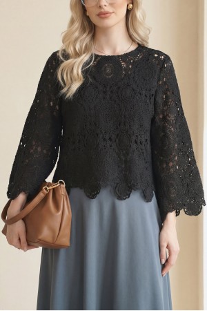 Yuvarlak Yaka İspanyol Kol Triko Bluz -Siyah