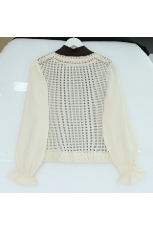 Çiçek Nakışlı Triko Detaylı Düğmeli Bohem Bluz -Bej