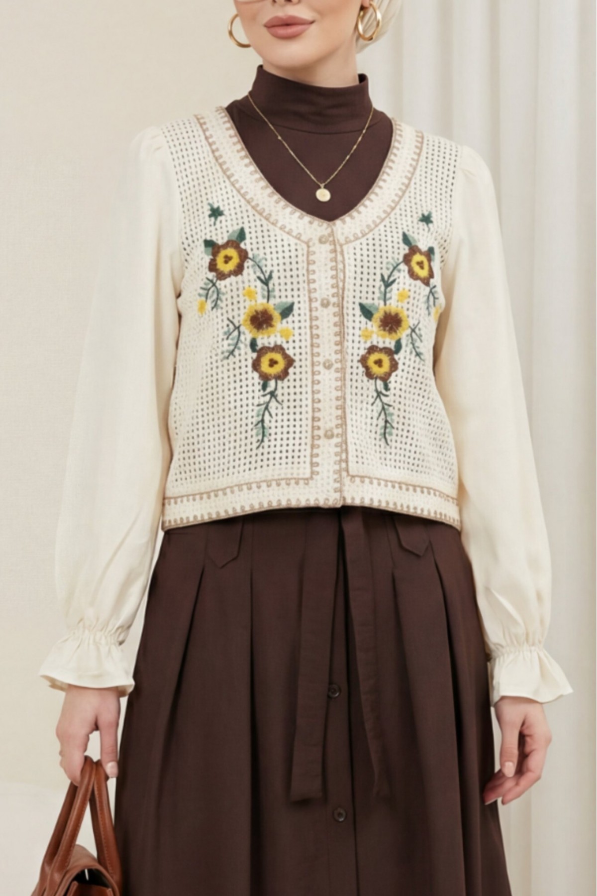 Bohemian Blouse with Floral Embroidery and Knit Detail, Buttoned - Beige