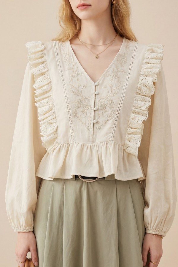 V-Neck Lace Detail Embroidered Balloon Sleeve Linen Shirt - Beige