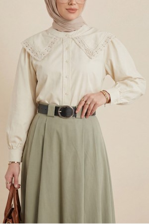 Bebe Yaka Dantel Detaylı Düğmeli Poplin Gömlek -Bej