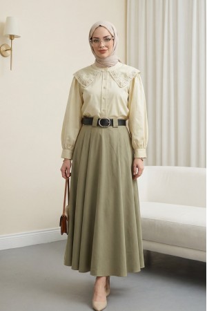 Bebe Yaka Dantel Detaylı Düğmeli Poplin Gömlek -Bej