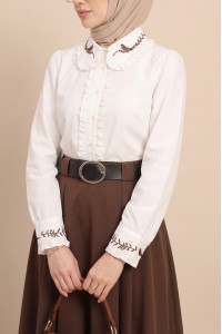 Yakası Ve Kolu Kuş Nakışlı Önü Fırfırlı Poplin Gömlek -Beyaz