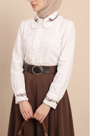 Yakası Ve Kolu Kuş Nakışlı Önü Fırfırlı Poplin Gömlek -Beyaz