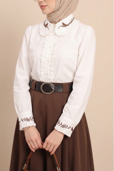 Yakası Ve Kolu Kuş Nakışlı Önü Fırfırlı Poplin Gömlek -Beyaz