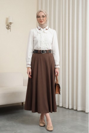 Yakası Ve Kolu Kuş Nakışlı Önü Fırfırlı Poplin Gömlek -Beyaz