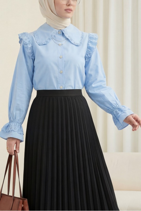 Frill Shoulder Scalloped Sleeve Elastic Buttoned Shirt  -Baby Blue