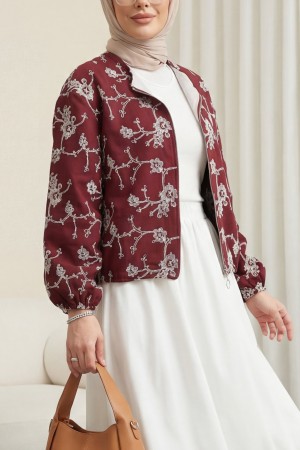 Yuvarlak Yaka Fermuarlı Nakışlı Cepli Keten Ceket -Bordo