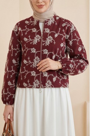 Yuvarlak Yaka Fermuarlı Nakışlı Cepli Keten Ceket -Bordo