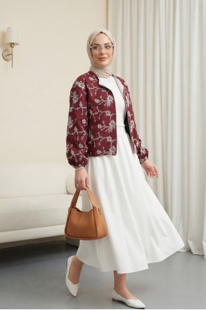 Yuvarlak Yaka Fermuarlı Nakışlı Cepli Keten Ceket -Bordo