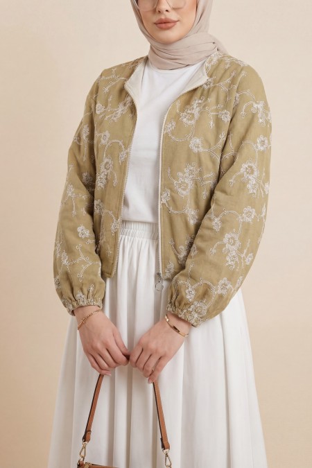 Yuvarlak Yaka Fermuarlı Nakışlı Cepli Ke...