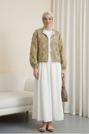 Yuvarlak Yaka Fermuarlı Nakışlı Cepli Keten Ceket -Tarçın