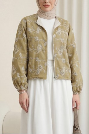 Yuvarlak Yaka Fermuarlı Nakışlı Cepli Keten Ceket -Tarçın